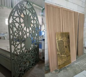 Ornamen panggung backdrop hmr mdf acp kayu motif krawangan - daun - bulat